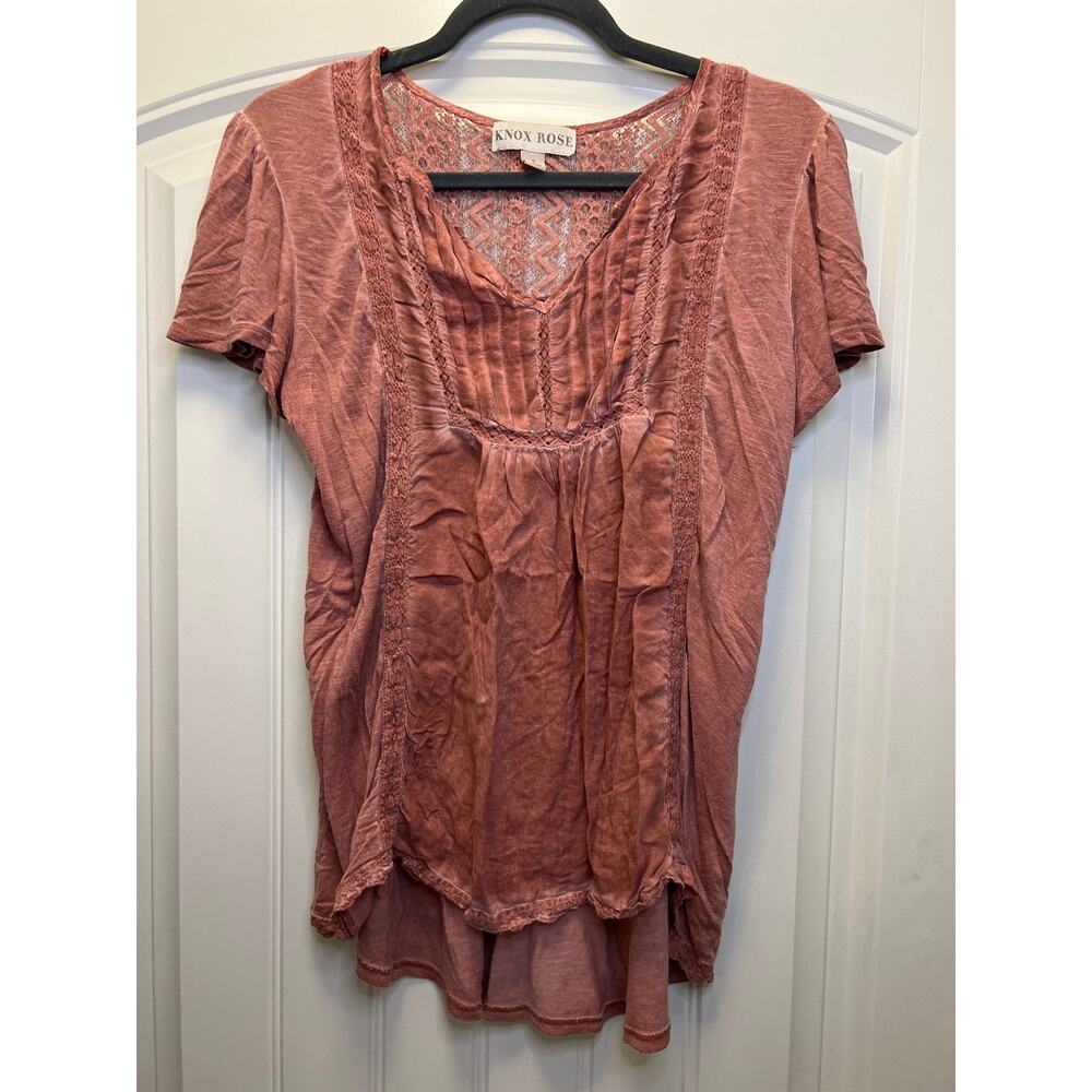Knox Rose V-Neck Boho Lace Short Flutter Sleeve Crochet‎ Women’s Top Size S Pink